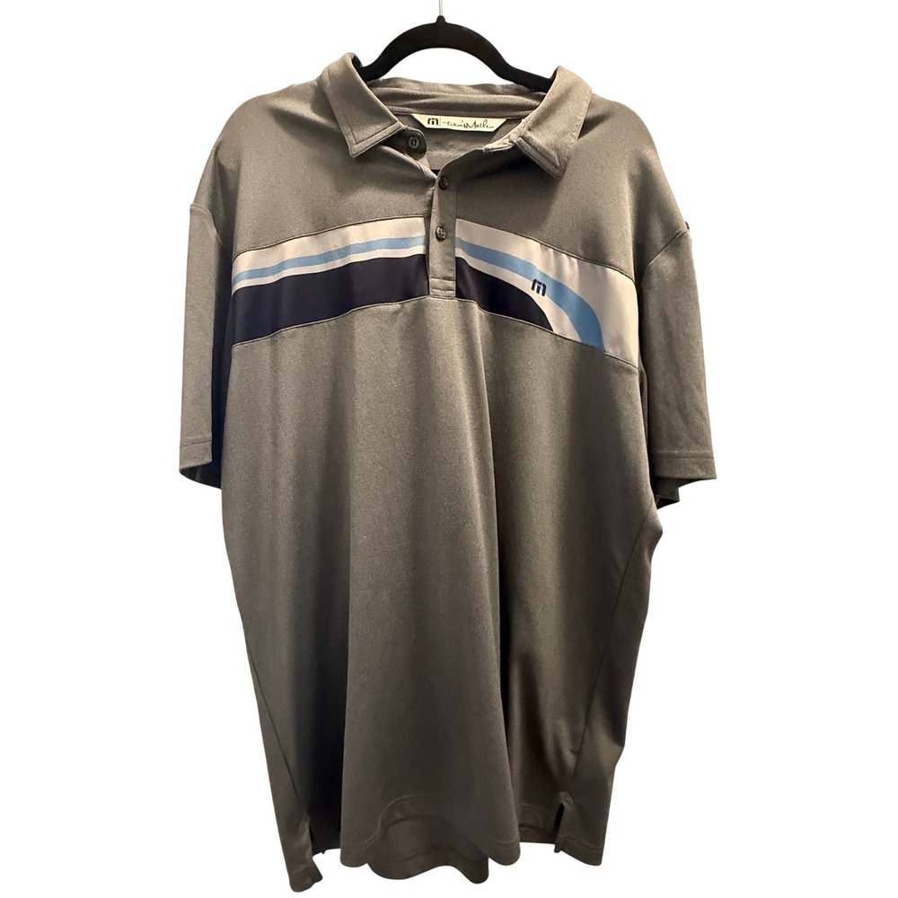 TravisMathew XL Gray Blue Stripe Golf Polo Performance Fit Minor Back Logo Peel